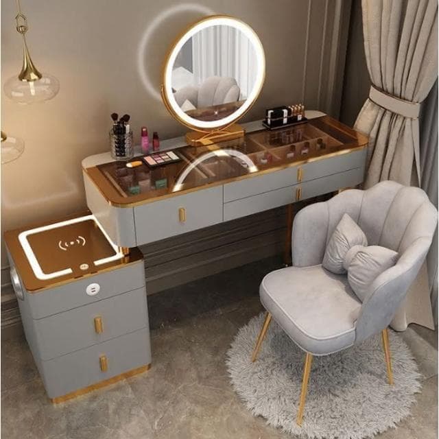 智能梳妝台 無線充電+藍芽音響+贈送四件套 臥室 北歐風 化妝桌椅組 鏡子化妝鏡 梳妝桌 梳妝檯 化妝檯 化妝品收納櫃