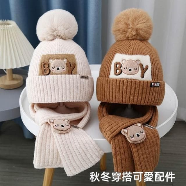 ❤️Annie❤️兒童BY熊帽子圍巾兩件套 寶寶毛線帽 寶寶圍巾  男童 女童 小童 嬰兒 兒童帽 護耳帽 秋冬保暖針織