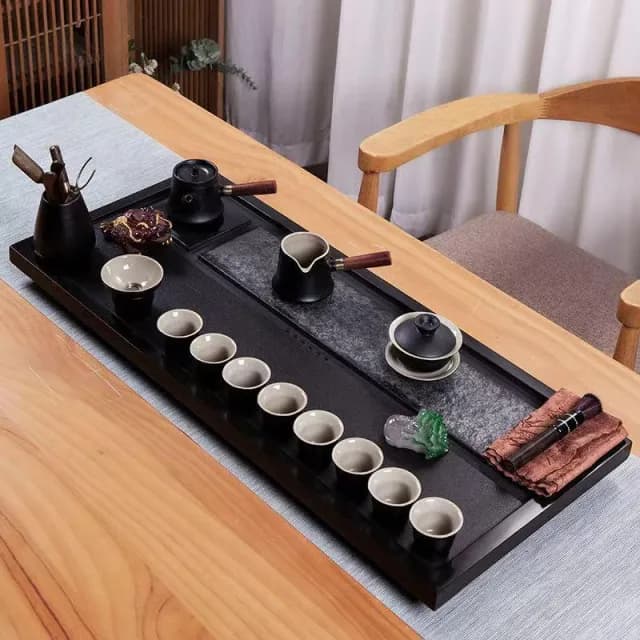 送禮佳品 天然烏金石茶盤組 整塊原石全傢用功夫茶臺 客廳簡約茶臺 石材茶具全套