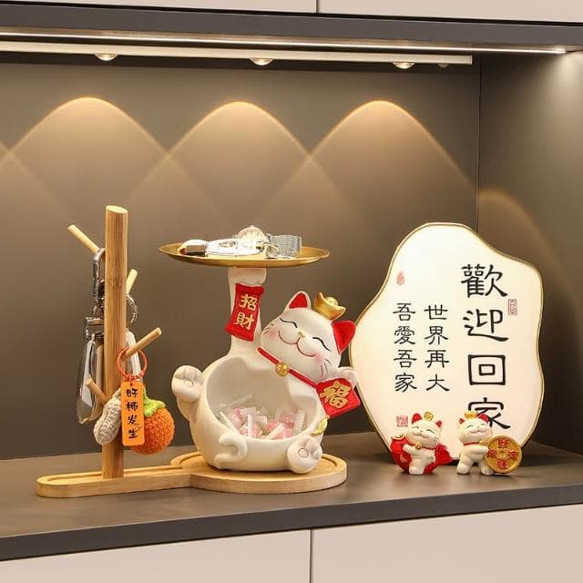 桃甜也居家生活 招財貓鑰匙收納玄關裝飾品擺設家居入戶門口鞋櫃客廳喬遷新居禮品
