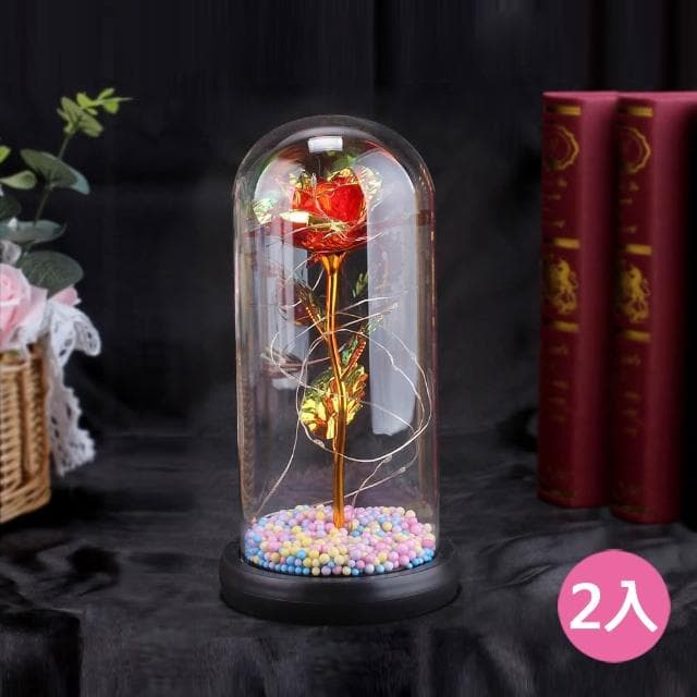 【VENCEDOR】玻璃罩玫瑰花-帶小燈飾 情人節禮物 畢業禮品 生日送禮 禮盒組-2入
