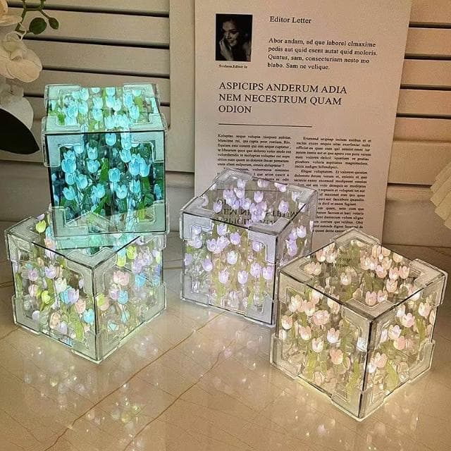 ZM DIY手作魔方鬱金香 情人節禮物 手作禮物 魔方鏡面小夜燈 生日禮物 畢業禮物 花海燈 ZM-00626