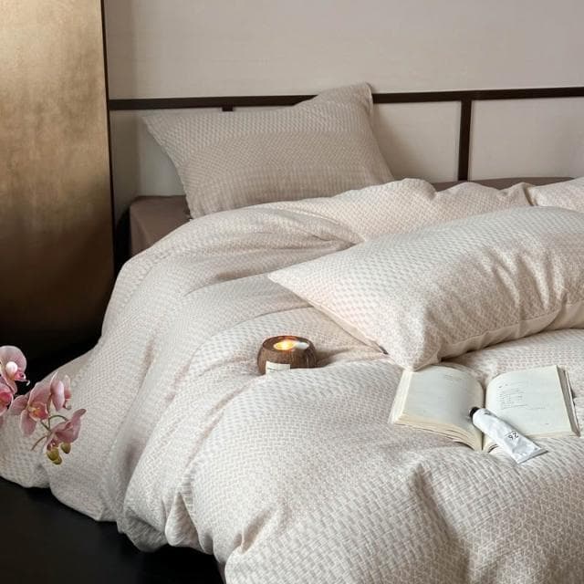 🔥限時下殺&新品特賣🚀 韓國A類侘寂風色織提花雙層皺皺紗四件套純棉被套全棉柔軟床單笠4
