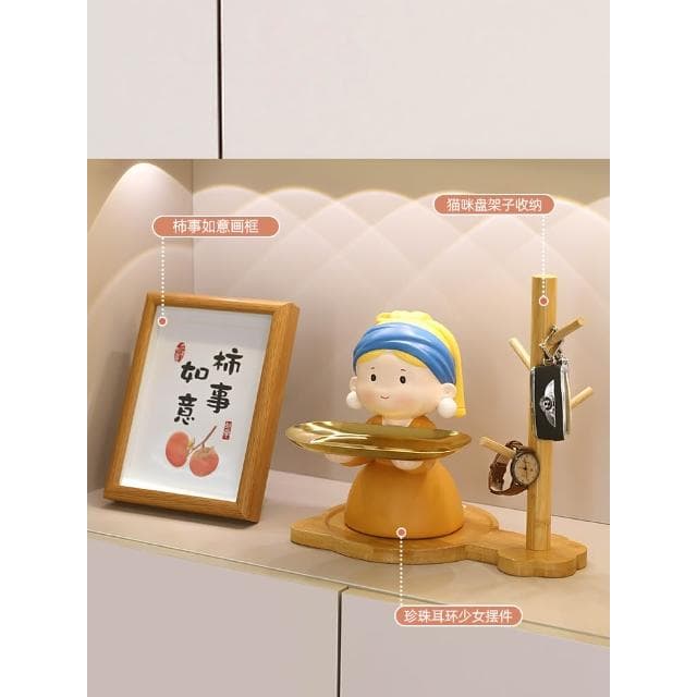 戴珍珠耳環少女託盤擺件客廳玄關鑰匙託盤收納家居裝飾品喬遷禮物