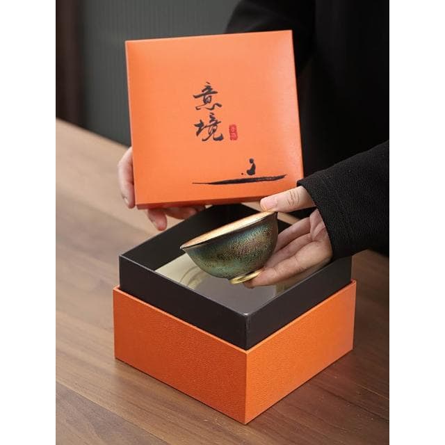 康樂品七彩建盞鎏金主人杯手工陶瓷天目釉個人專用輕奢窯變茶盞