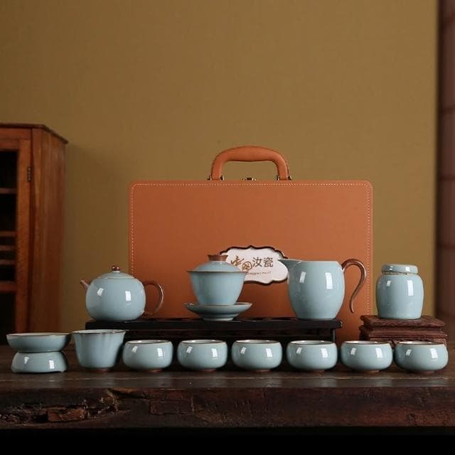 Jimi 集米 汝窯功夫茶具套組 輕奢高檔家用陶瓷蓋碗茶杯 泡茶壺禮品 禮盒裝 茶器13件套