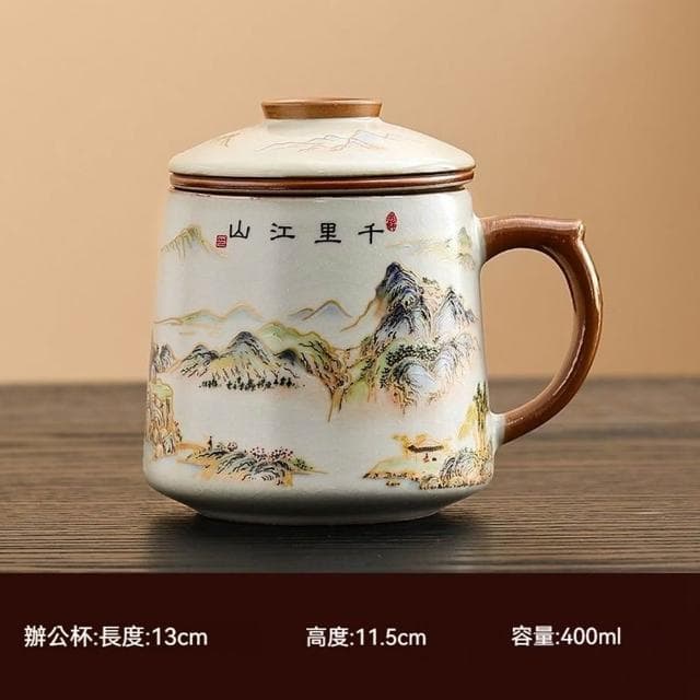 Jimi 集米 茶杯 茶水分離杯 汝窯泡茶杯 茶水分離青花瓷茶具 辦公室杯 陶瓷馬克杯