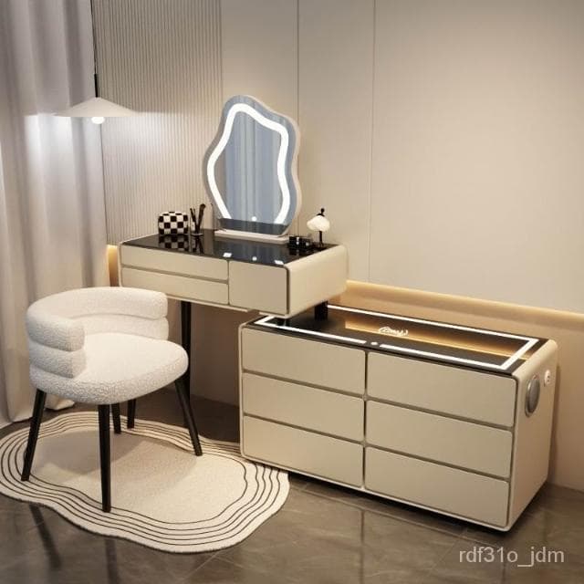 免運 化妝臺 化妝桌 梳妝桌 化裝鏡 梳妝檯 實木巖闆 網紅梳妝臺臥室化妝桌公主風無綫充電藍牙音響現代簡約書桌雲朵鏡