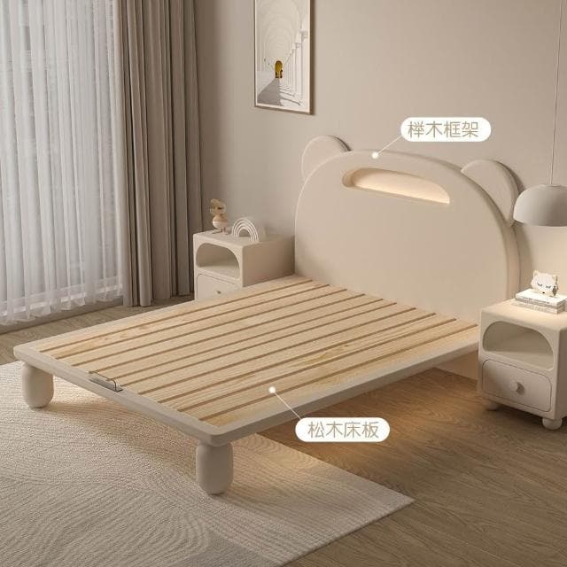 新品下殺 簡約奶油風全實木兒童床男童床小熊懸浮小孩卡通床單人床臥室床