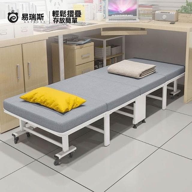 🔥小空間必備免安裝🔥90cm簡約四折收納折疊床單人床(棉麻面料/高彈海綿/午休床/午睡床/折疊收納/床架/租屋/行軍床/陪護床)