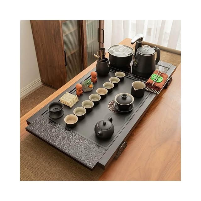 整套功夫茶具套裝家用現代簡約實木仿烏金石瓷燒水全自動一體茶盤