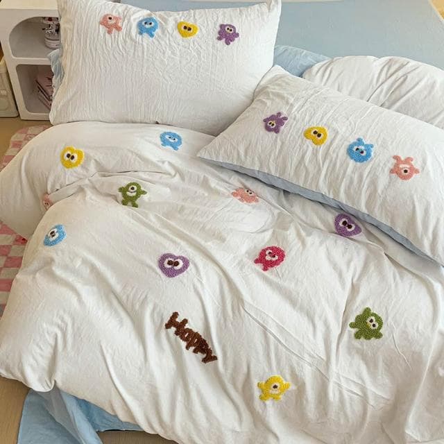 小怪獸毛巾刺繡 4 合 1 床單套裝素色床上用品套裝單人/大號/特大號平板床單/床單被套/枕套睡眠貼身