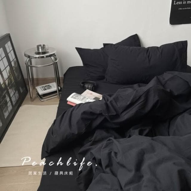 peachlife. 經典水洗棉黑色床包組 黑色床包 經典黑色 床包被套枕套 簡約床包 黑色床單