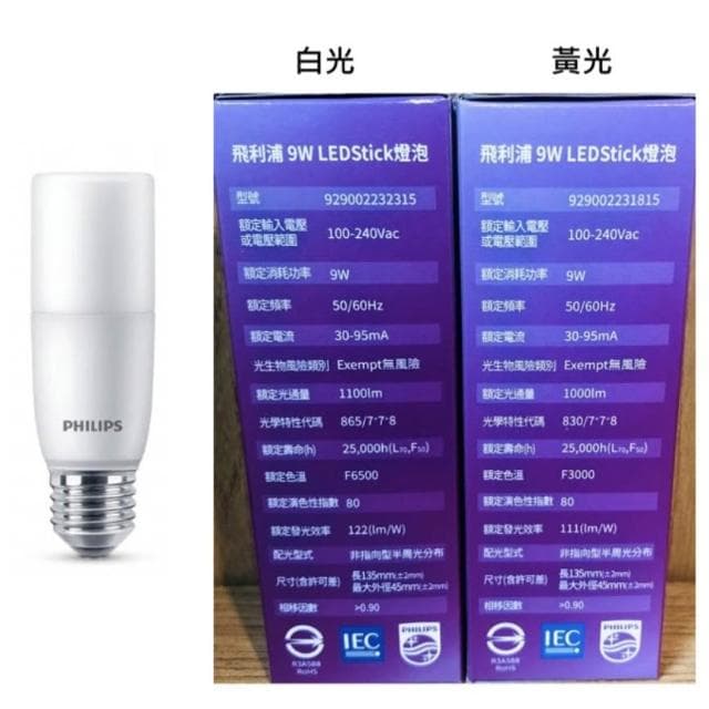 【Philips 飛利浦】Philips 飛利浦 雪糕燈 LED Stick 9W E27 超廣角燈泡 雪糕燈 冰棒燈 白光黃光