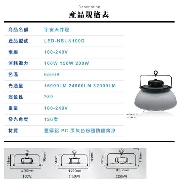 【DanceLight 舞光】 LED 100W/150W200W宇宙天井燈 天井燈 高空用燈 工廠燈 (白光) HBUN100D