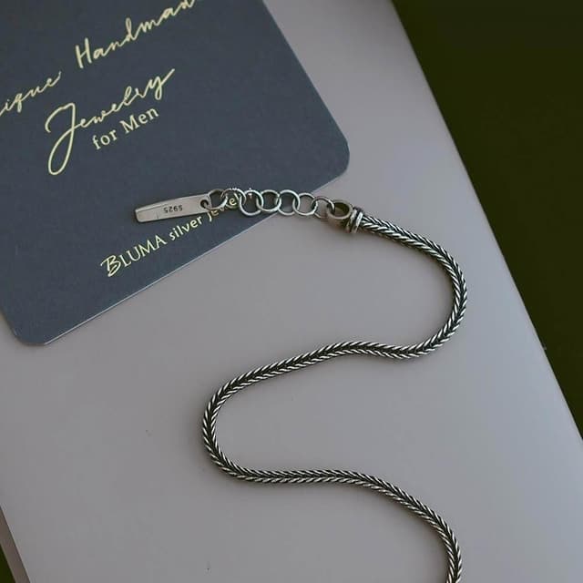 【BLUMA】男生手鏈 男生禮物 情侶手鏈 稻穗純銀手鍊 男女對鍊 復古編織泰銀 情人節禮物 飾品禮盒