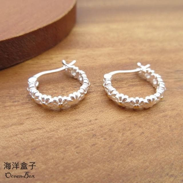 【海洋盒子】純潔唯美清新黃色小雛菊S990純銀針式易扣耳環.圈圈耳環