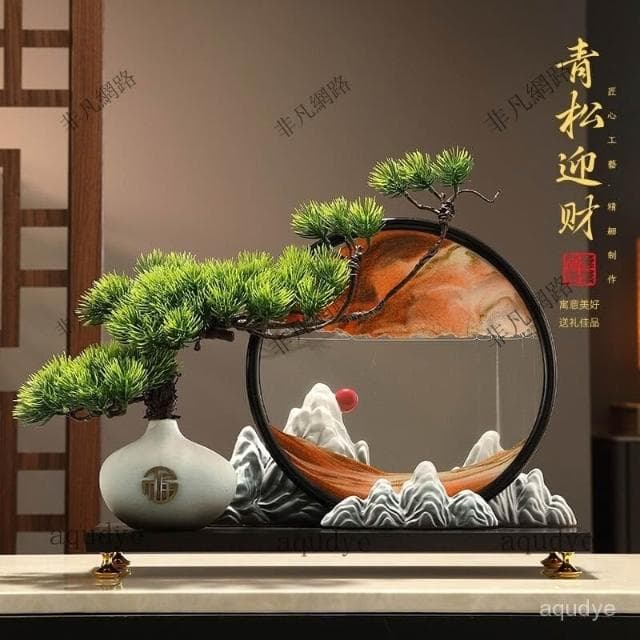 漫生活新中式流沙畫 迎客鬆 發財樹 招財擺飾 入厝禮物 客廳擺飾 喬遷禮品 玄關擺件 居傢裝飾 交換禮物