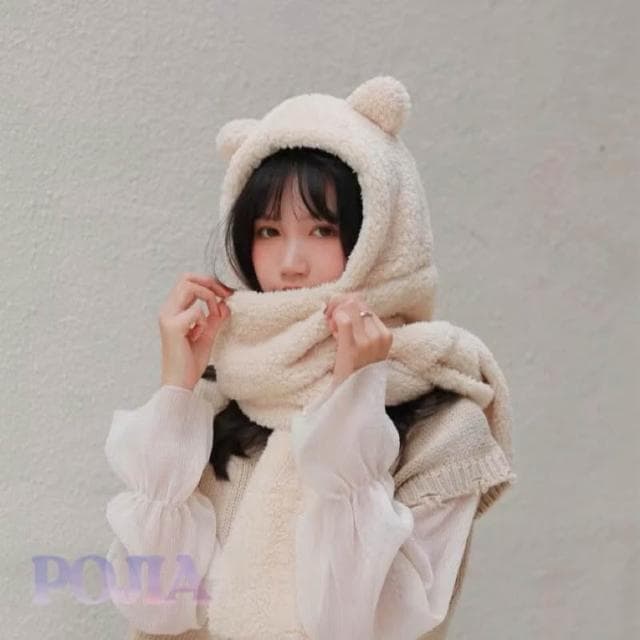  保暖熊熊圍巾 小熊圍巾 女圍巾 帽圍脖 保暖 毛毛圍巾 絨毛圍巾 日系圍巾