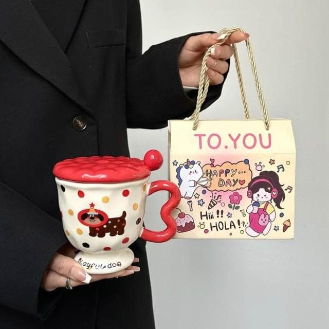 漫生活生日禮物送女生創意可愛波點小狗陶瓷馬克杯帶蓋勺高顔值實用禮品