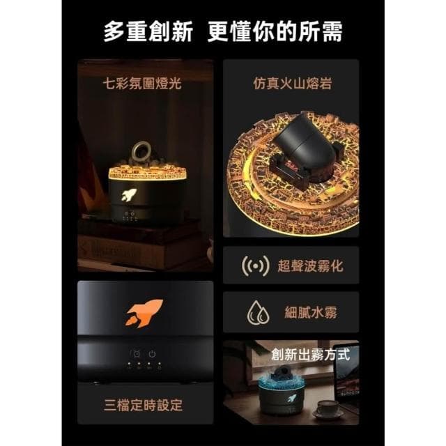超絕CP單品火山砲臺香薰機 加濕器 臥室 辦公室 擴香機 炫彩香薰機 香氛機 七色可變香薰機 加濕器  造型加濕器