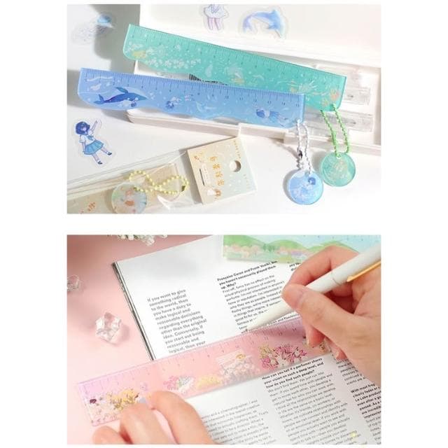 【德德小品集】夢境巡遊 少女插畫 海豚鯨魚學生文具直尺 可愛萌寵生物 手賬15CM量尺 波浪尺 交換禮物 可立式 紙膠帶收納