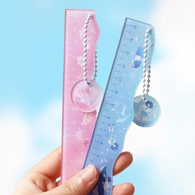 【德德小品集】夢境巡遊 少女插畫 海豚鯨魚學生文具直尺 可愛萌寵生物 手賬15CM量尺 波浪尺 交換禮物 可立式 紙膠帶收納