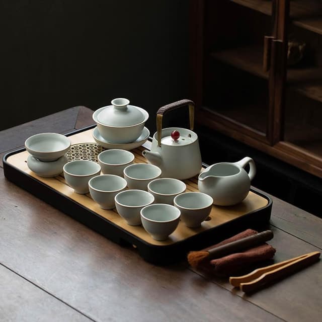 汝窯功夫茶具組(茶具 旅行泡茶 泡茶茶杯 交換禮物 茶器套裝組)