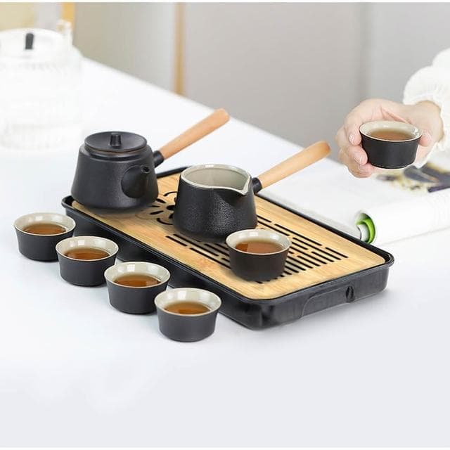 陶瓷側把壺旅行茶具套組 /附收納包(泡茶杯 旅行泡茶 茶杯 茶器套裝組)