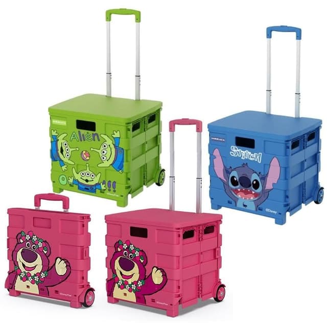 【Disney 迪士尼】摺疊收納手拉車 拉桿儲物箱手拉車 買菜購物車 露營車 折疊收納購物車 三眼怪 草莓熊 史迪奇 日用品 送禮 生日 禮物