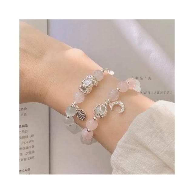 【開運堂】🔥現貨🔥貔貅手鍊貔極泰來福氣滿滿貓眼石粉晶貔貅福牌銅鍍銀串珠手鍊女錦鯉大王