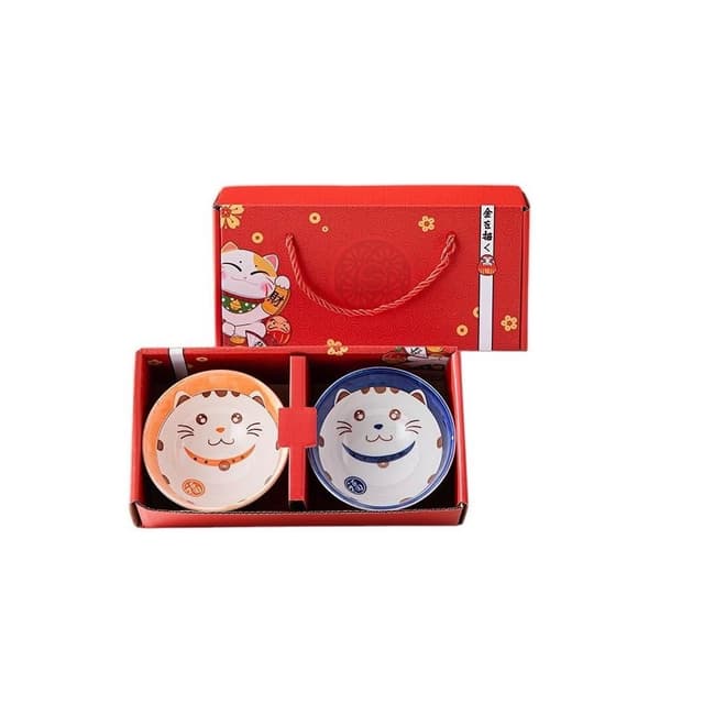 台灣現貨 招財貓兩碗禮盒 日式 可愛 卡通 貓咪 招財貓 禮盒 禮品 飯碗 陶瓷 春節 尾牙 滿月 喬遷 送禮 活動