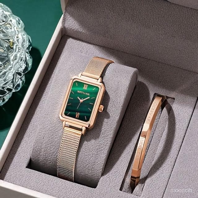 偉偉錶錶 ins風女士手錶女款防水方形女輕奢小衆氣質高級高配版小石英綠錶