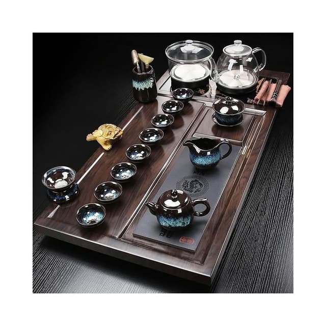 整套實木茶盤全自動燒水壺功夫茶具套裝客廳紫砂泡茶杯大茶臺一體