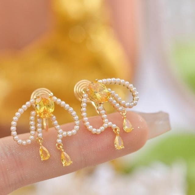 黃鋯石珍珠流蘇耳環 珍珠蚊香盤耳釘  流蘇耳夾 耳飾 飾品