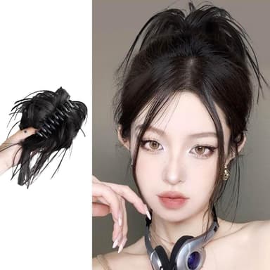 【EMMA SUE】假髮 丸子頭 高馬尾 抓夾馬尾 假髮抓夾 黑色假髮 仿真假髮 假馬尾 蓬鬆自然 雞窩頭 甜酷辣妹 禮物