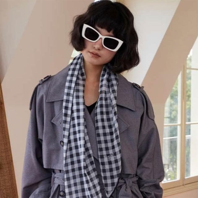 【EMMA SUE】格紋絲巾 長絲巾 桑蠶絲 包包裝飾 配飾 絲質圍巾 絲巾 繫脖 領口 穿搭 波點絲巾 領巾 襯衫搭配 法式絲巾 