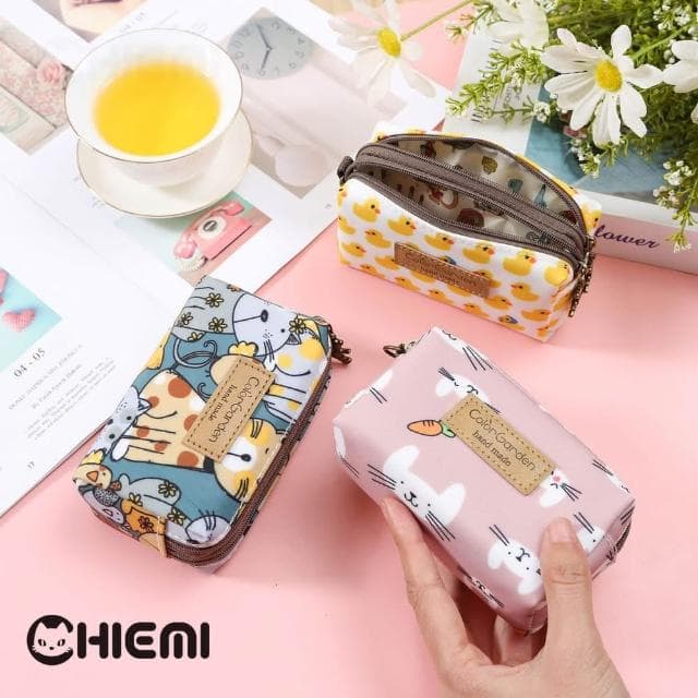 【CHIEMI】可愛小動物們質感拉鏈雙層小零錢包化妝包 收納包 零錢包 小朋友包 交換禮物