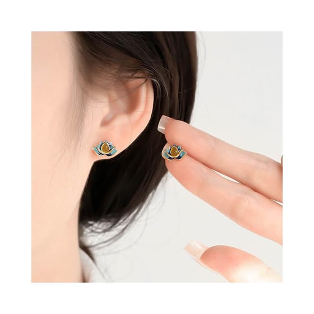 🎗飾間首飾鋪 925純銀和田玉蓮花耳環首飾女國風復古耳釘飾品小眾設計耳飾