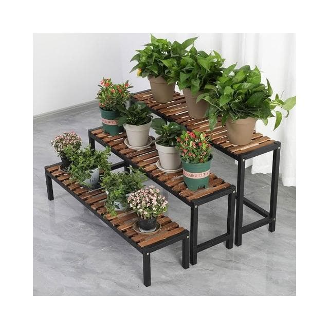 实木铁艺阳台花架 落地式客厅阶梯多层置物架 多肉花盆架 植物摆放架 陽台家用階式擺放架 鐵藝實木多肉花盆架戶外庭院盆栽架