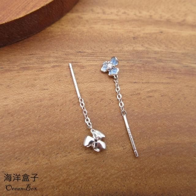 【海洋盒子】拉式。清新唯美藍釉鋯石小花S999純銀耳環.垂墜耳環.外鍍專櫃級正白K