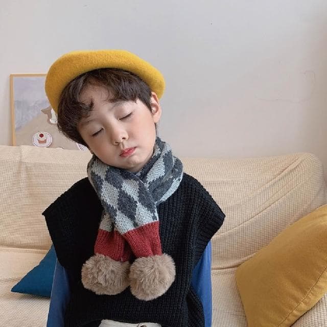 🔥可愛保暖🔥韓版兒童圍巾 寶寶圍巾 交叉圍巾 兒童 男童 女童 保暖 溫暖 圍脖 格紋 格子 秋冬 加厚 絨毛 毛線