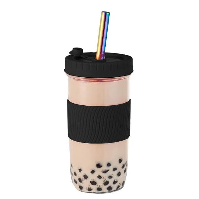防滑隔熱飲料杯 700ml-黑色含吸管 (環保杯/珍奶杯/玻璃杯/隨行杯/手搖杯/梅森罐/梅森杯)