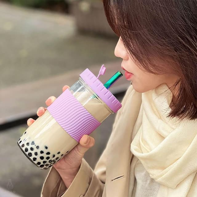 防滑隔熱飲料杯 700ml-紫色含吸管 (環保杯/珍奶杯/玻璃杯/隨行杯/手搖杯/梅森罐/梅森杯)