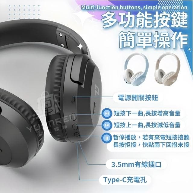 【YUANREN 原人購物】耳罩式耳機 藍牙耳機 全罩式耳機 黑色 天空藍 卡其色 全罩耳機 無線耳機 耳罩 藍芽耳麥 耳機 藍芽