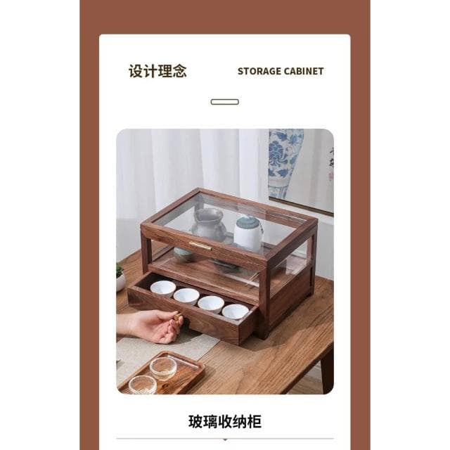 家用復古實木防塵櫃透明玻璃展示收納櫃北美胡桃木茶具陳列收納盒