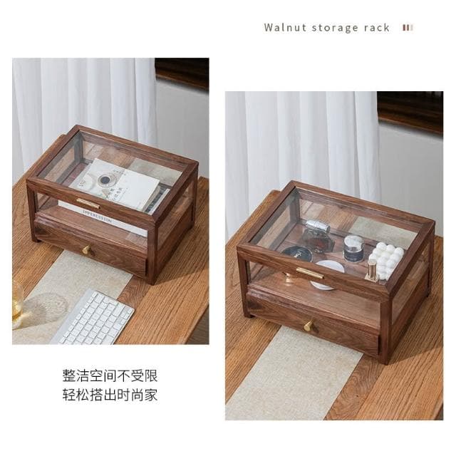 家用復古實木防塵櫃透明玻璃展示收納櫃北美胡桃木茶具陳列收納盒