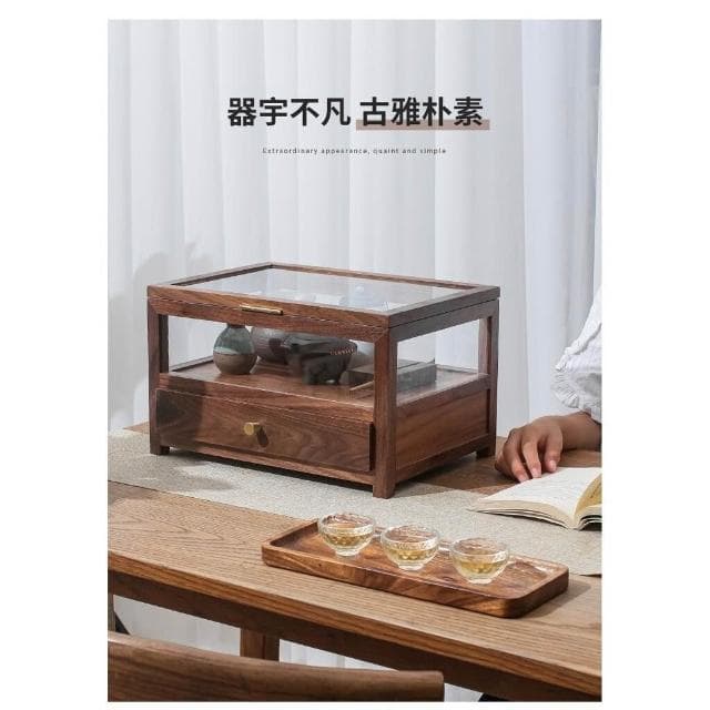 家用復古實木防塵櫃透明玻璃展示收納櫃北美胡桃木茶具陳列收納盒