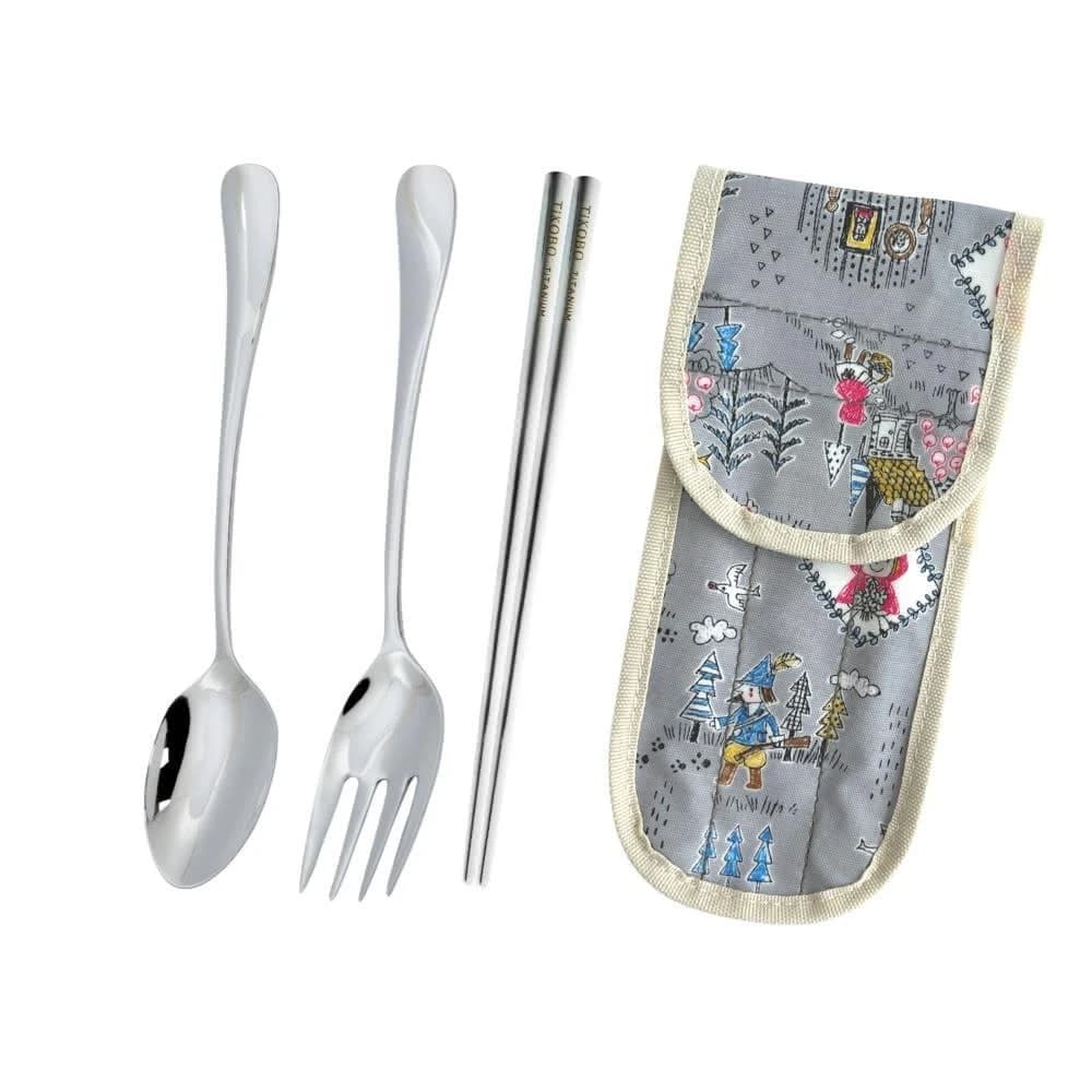 【TiKOBO 鈦工坊】純鈦湯叉筷3件組 附收納袋 含湯匙+叉子+筷子19cm ( 環保餐具 飯匙 水果叉 空心筷 方形筷 非不鏽鋼 )