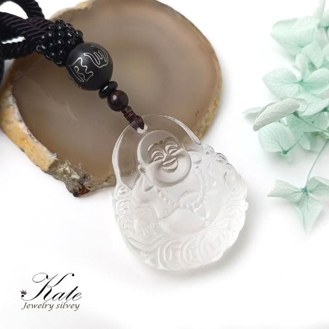 【KATE】銀飾 財神爺彌勒佛菩薩天然白水晶項鍊 笑面佛 佛公 六字箴言 淨化磁場 招財水晶 大肚佛 招財水晶 生日禮物 長輩禮物 